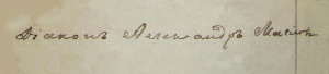 Подпись диакона Александра Маслова в метрической книге. 1895 год.